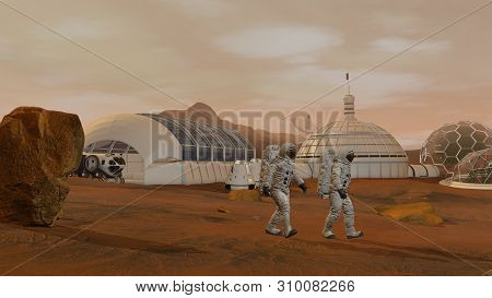 3d Rendering. Colony On Mars. Two Astronauts Wearing Space Suit Walking On The Surface Of Mars. Expl