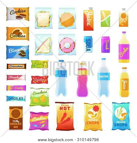 Vending Products. Beverages And Snack Plastic Package, Fast Food Snack Packs, Biscuit Sandwich. Drin