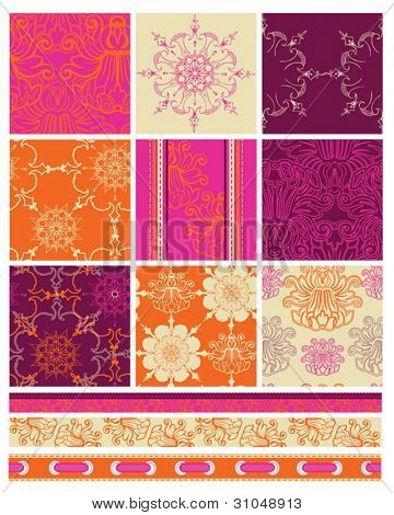 Bright Indian Themed Bollywood Vector Seamless Patterns.  Use to create bold patchwork pieces for quilts or fabric projects.