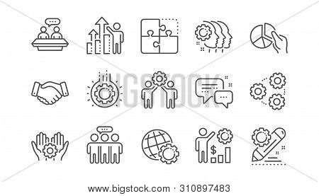 Employees Benefits Line Icons. Business Strategy, Handshake And People Collaboration. Teamwork, Soci