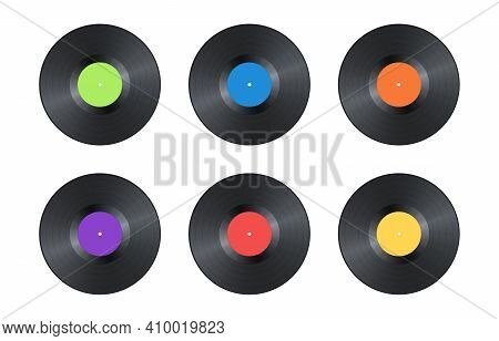 Set Of Realistic Black Vintage Vinyl Record Isolated On White Background. Mock Up Template For Your 