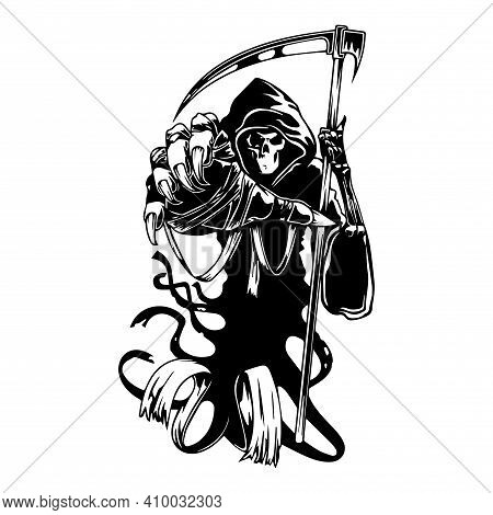 Grim Reaper. A Silhouette Figure Representing Death With A Large Scythe.tattoo Mockup. T-shirt Print