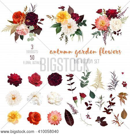 Autumn Garden Vector Design Big Set. Boho Chic Wedding. Warm Fall And Winter Tones. Orange Red, Taup