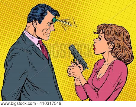 The Woman Pointed The Gun Suction Cup Joke At The Man. Spies, Agents And Detectives. Pop Art Retro V