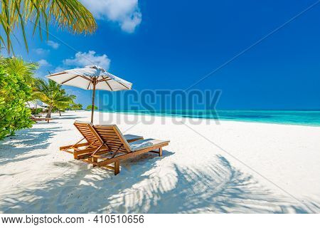 Tropical Paradise Beach With White Sand And Coco Palms Travel Tourism Wide Panorama Background. Luxu