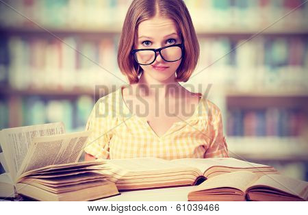 Funny Girl Student With Glasses Reading Books