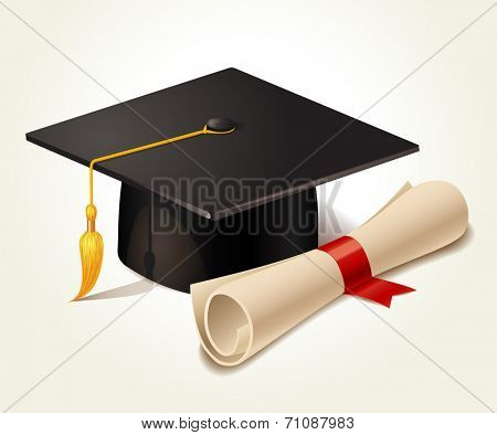 Graduation cap and diploma. Vector illustration