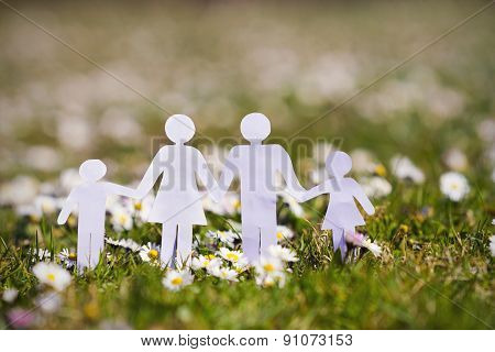 Paper cut of family with flowers background on a green grass.Family Life Insurance.Protecting family