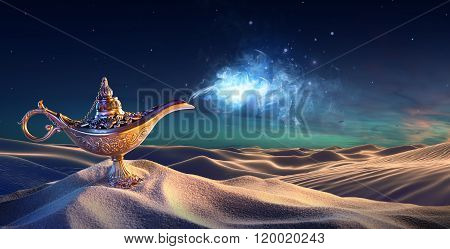 Lamp of Wishes In The Desert - Genie Coming Out Of The Bottle