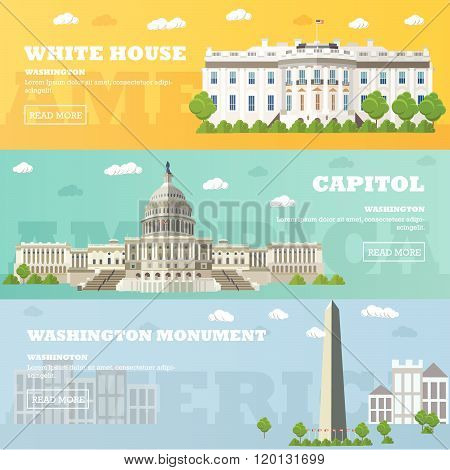 Washington DC tourist landmark banners. Vector illustration. Capitol, White House.