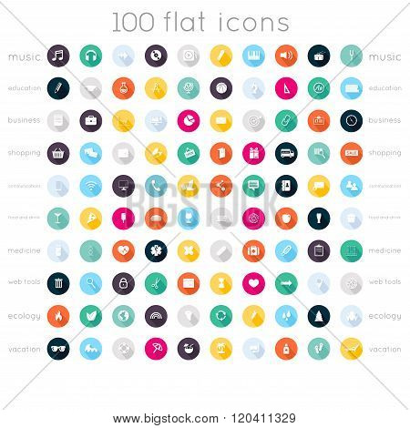 Set Of 100 Flat Icons ( Music Icons, Education Icons, Business Icons, Shopping Icons, Communication