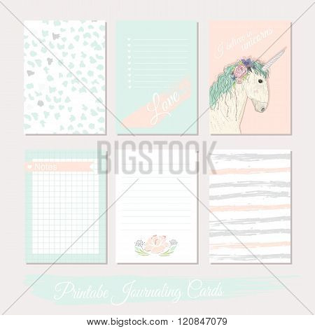 Printable cute set of filler cards with flowers unicorn polka dots stripes. Vector templates for posters flyers banner designs journal cards scrapbook planner diary journaling.