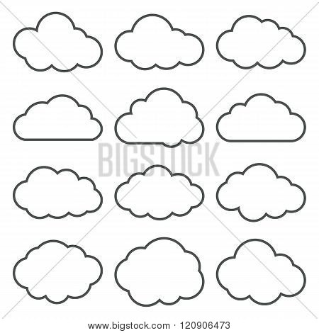 Cloud shapes thin line icons set. Cloud symbols. Collection of cloud pictograms. Vector icons of a clouds in thin line style. EPS8 vector illustration.