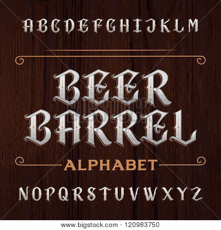 Old decorative alphabet vector font. Type letters on the dark wooden background.