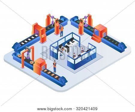 Factory Conveyor Belt. Robotic Arms Packing Production On Transporter Belt Line. Automation, Smart I