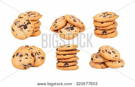 Set Of Chocolate Chip Cookie Isolated On White Background. Cookies With Chocolate Drops. Sweet Biscu