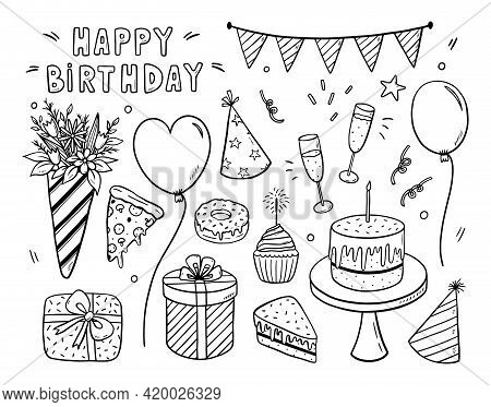 Vector Doodle Set Of Birthday Design Elements. Festive Flags, Caps, Balloons, Gifts, Flowers, Glasse