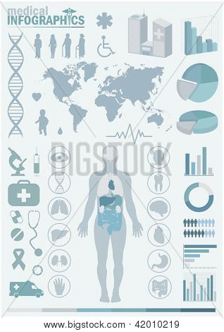 Medizinische Infografiken. Präsentation festgelegt. Menschlichen Körper mit inneren Organen sowie Schaltflächen. Diagramm (graph