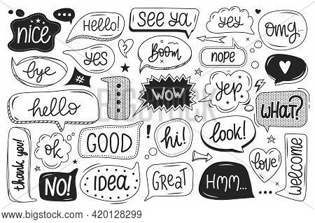 Cute Speech Bubble. Hand Drawn Talking Balloons With Handwritten Text. Dialog Text Bubbles With Funn