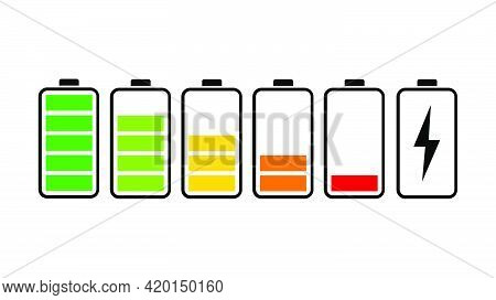 Battery Icons Set Level Indicators. Battery Life, Accumulator, Battery Running Low, Battery Rechargi