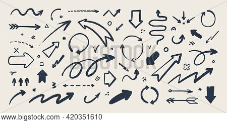 Abstract Arrow Icons Set. Various Doodle Arrows In Different Shapes With Grunge Texture. Hand-drawn 