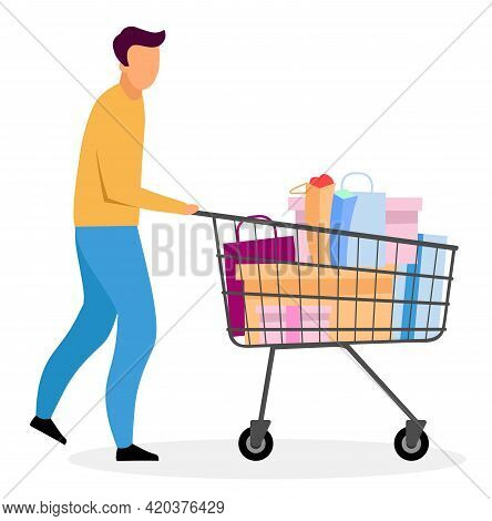 Man With Shopping Cart Flat Vector Illustration. Cartoon Boy Buying Gifts. Husband Purchasing Christ