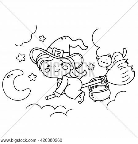 Coloring Page Outline Of Cartoon Little Witch On A Broom With A Pot And With A Cat. Halloween. Color