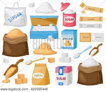 Cartoon Sugar. Cube Sugar, Granulated And Crystalline Sugar, Sugar In Canvas Bags And Carton Package