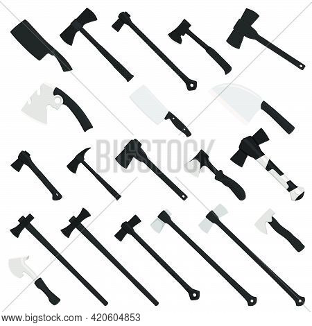 Illustration On Theme Big Kit Steel Axes With Wooden Handle, Metal Ax For Hunting. Pattern Ax Consis