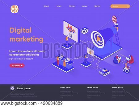 Digital Marketing Isometric Landing Page. Marketing Research, Business Analytics And Presentation, S