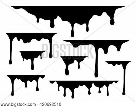 Dripping Liquid. Drips Black Paint Silhouette, Current Drops And Stains, Graffiti Fluid Trickles, Dr