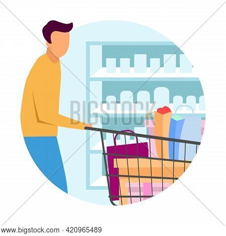 Buyer At Supermarket Flat Concept Icon. Man Doing Purchases At Grocery Store Sticker. Customer With 