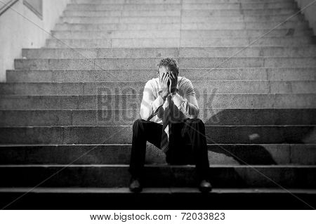 Businessman Crying Lost In Depression Sitting On Street Concrete Stairs