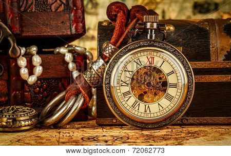 Vintage Antique pocket watch. Vintage grunge still life.