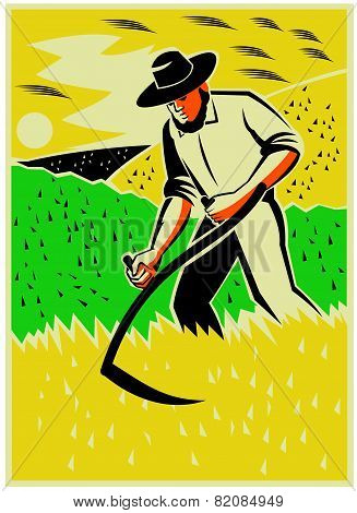 Farmer With Scythe Harvesting  Field Retro