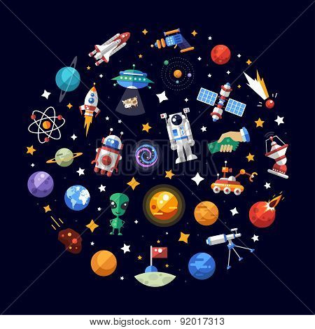 Circle flat design composition of space icons and infographics elements