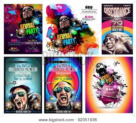 Club Disco Flyer Set with DJ shape and Colorful Scalable backgrounds. A lot of diffente style flyer for your techno, hip hop, electro or metal  music event Posters and advertising printed material.