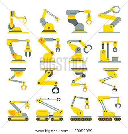 Robotic arm, hand, industrial robot flat vector icons set. Robot industry technology and machine arm robot for manufacture illustration