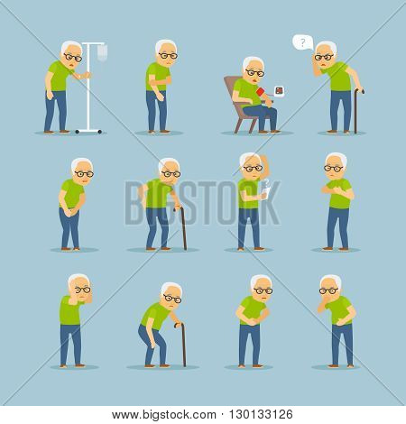 Old man sick. Old mens disease vector illustration