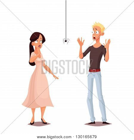 Madly frightened man and woman vector cartoon comic illustration isolate, boy and girl afraid of a spider, arachnophobia, people are very afraid of spider and panic, manifestation of the phobia