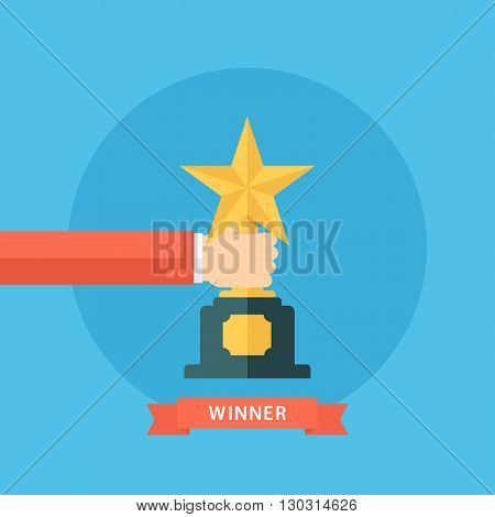 Male hand holding star award. Winner trophy award. First place. Gold star award. Flat vector illustration.