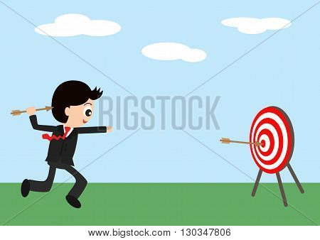 Business man holding dart aiming go to goals target (Bullseye), Goal target success business investment financial strategy education concept, vector