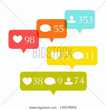 Like, comment and follower icons set. Social media buttons on white background. Notification icons. Isolated vector illustration.