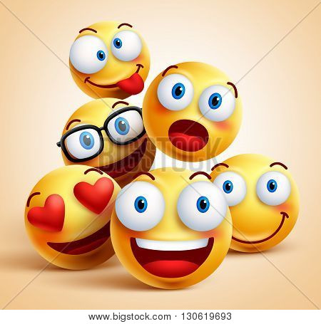 Smiley faces group of vector emoticon characters with funny facial expressions. 3D realistic vector illustration