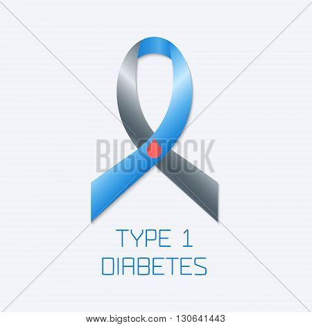 Diabetes Type 1 awareness symbol. Blue and grey ribbon with a drop of blood on white background. Vector illustration.