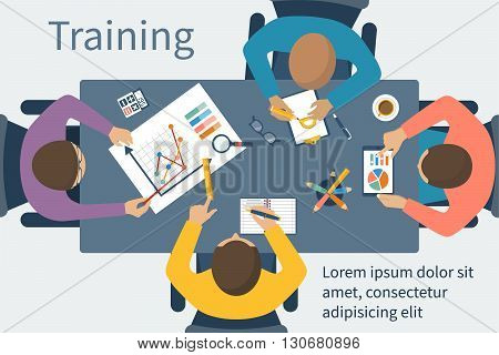 Business training. Training staff. Briefing meeting. Corporate training. Business seminar. Training concept. Flat style vector. Conference employee. Training conference planning business decisions.