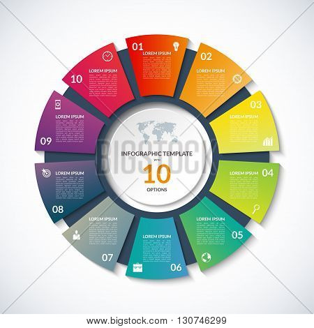 Vector circle template for infographics. Business concept with 10 options, steps, parts, segments. Banner for cycling diagram, round chart, pie chart, business presentation, annual report, web design