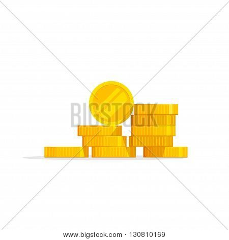 Coins stack vector illustration, coins icon flat, coins pile, coins money, one golden coin standing on stacked gold coins modern design isolated on white background