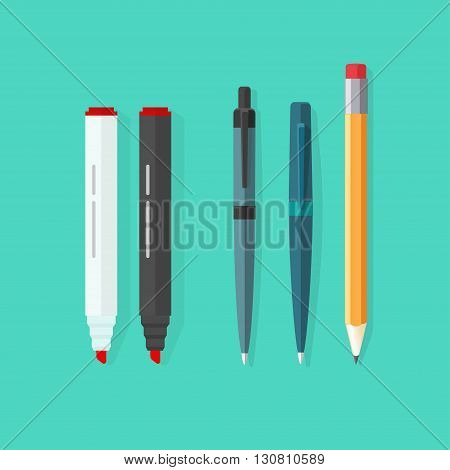 Pens, pencil, markers vector set isolated on green background, ballpoint pens, lead orange dot pen with red rubber eraser, flat biro pen and pencils, stationery set cartoon illustration design