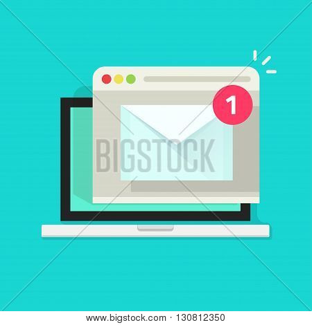 Laptop with browser and envelope illustration, symbol of email receiving, service, notification, electronic mail, new message, flat cartoon design isolated on blue image